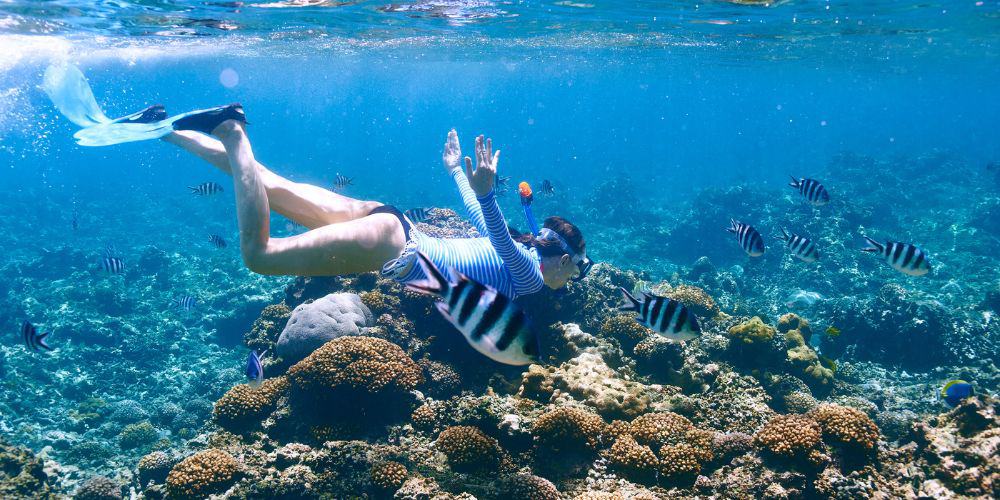 Woman snorkeling in clear ocean water above a coral reef